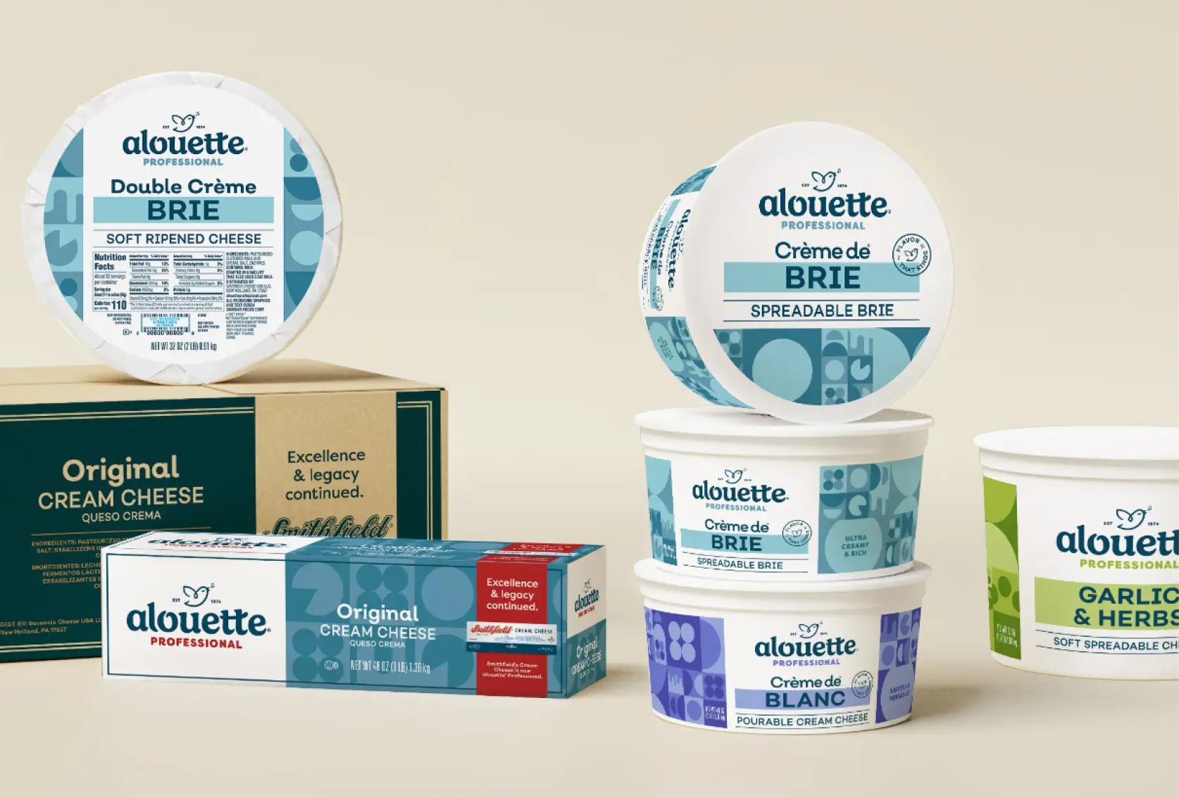 Alouette professional cheese products display featuring round brie packages, cream cheese boxes, and spreadable cheese containers in various flavors on beige background.