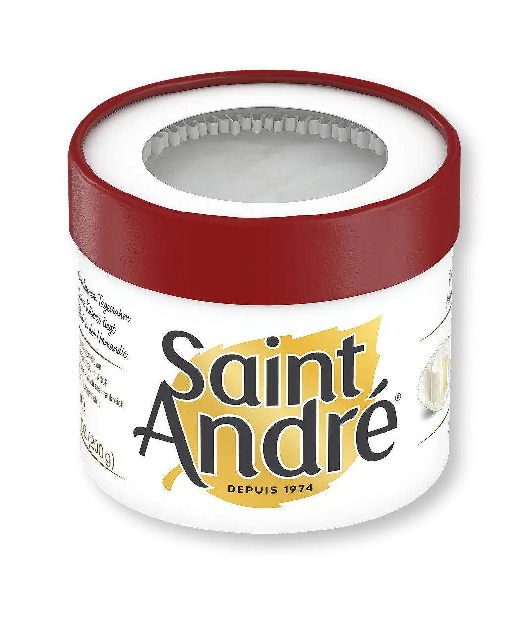 Saint André cheese container with red lid and white label featuring gold logo and "DEPUIS 1974" text, 200g size.
