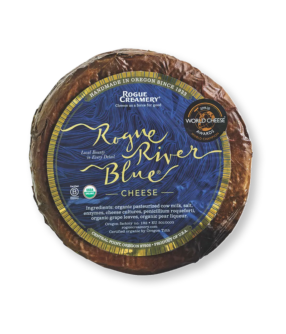 Rogue River Blue cheese wheel from Rogue Creamery in Oregon, wrapped in brown paper with blue label featuring gold text and World Cheese Awards seal.
