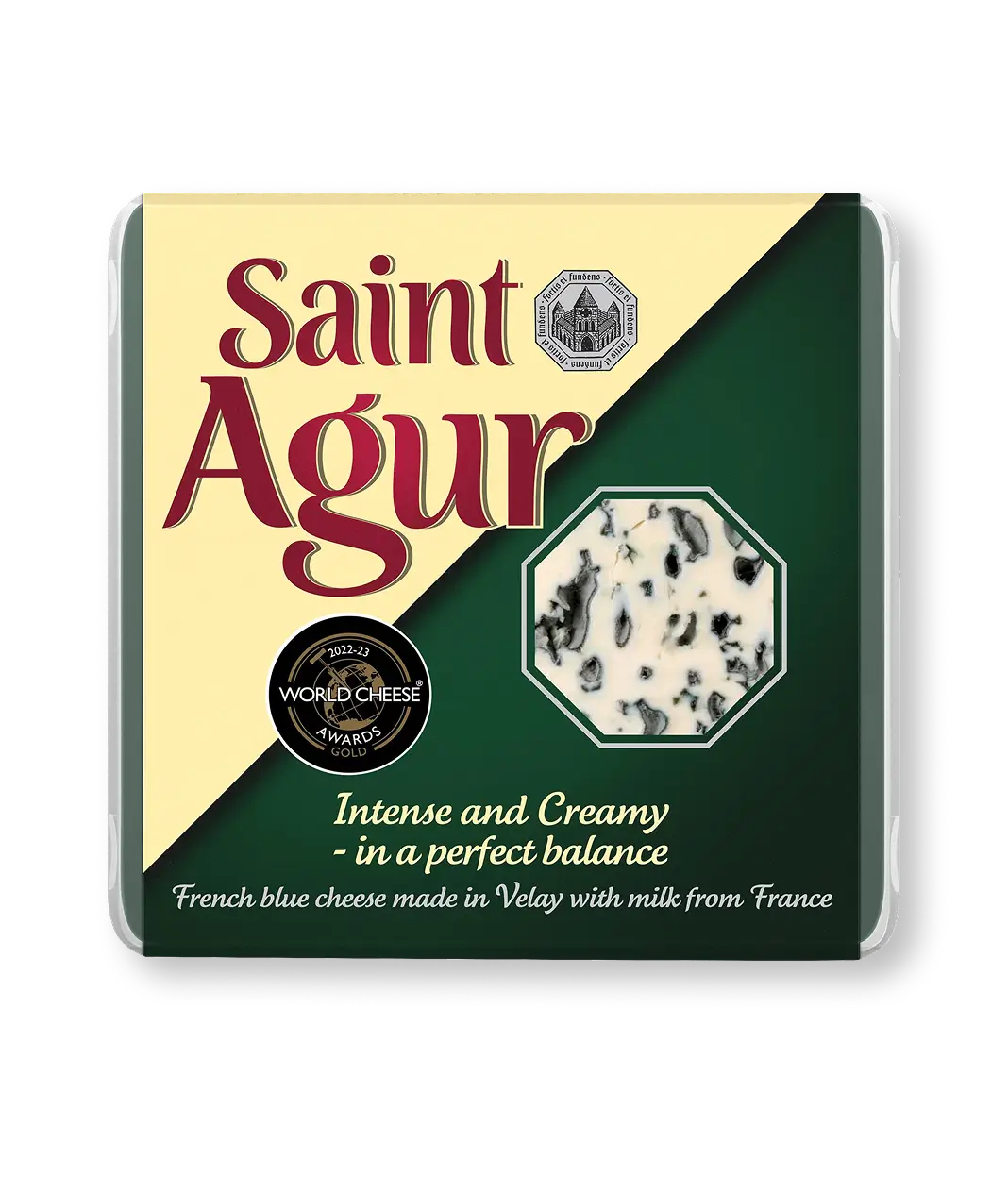 Saint Agur blue cheese packaging showing creamy blue-veined cheese with World Cheese Awards 2022-23 gold medal seal.