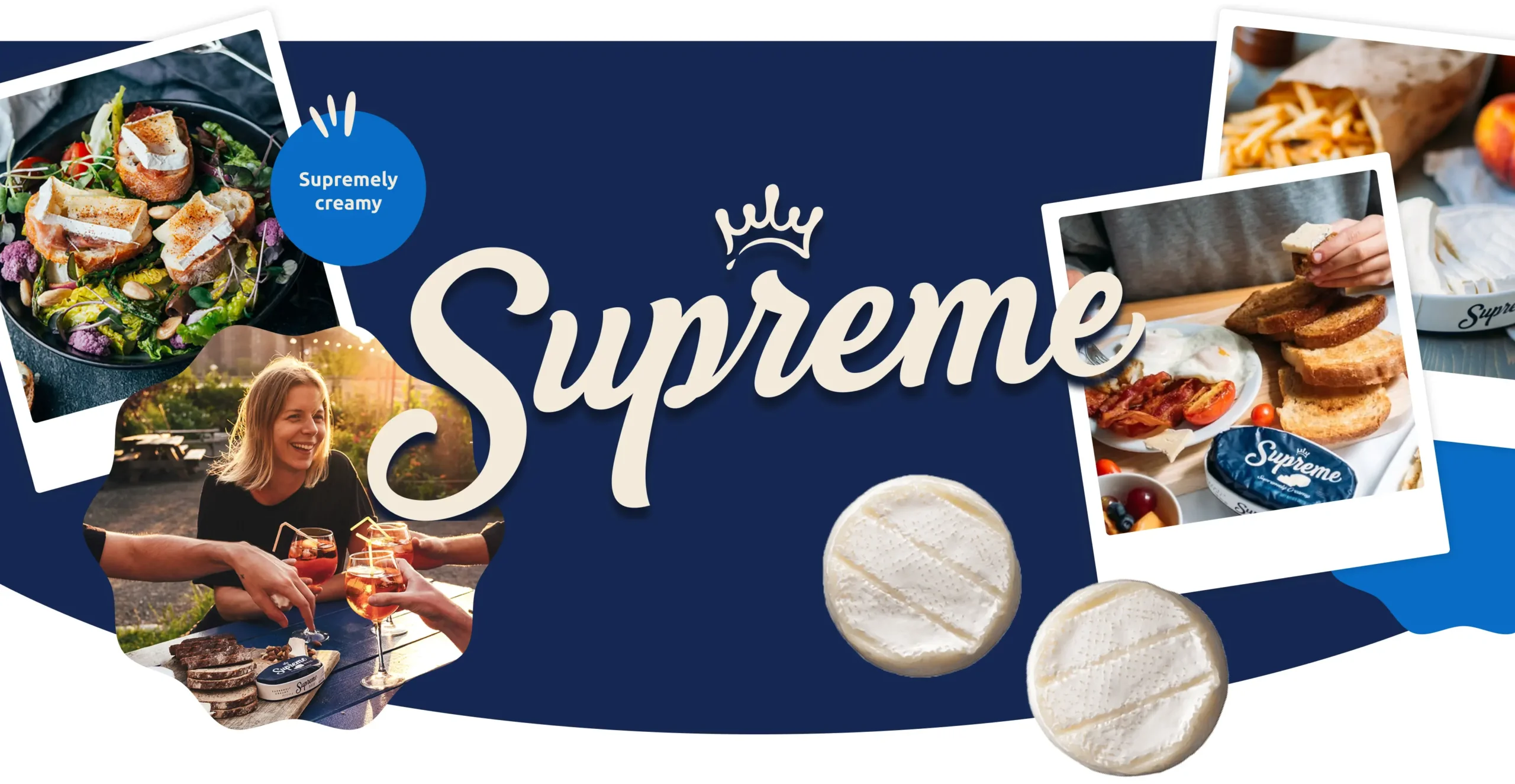 Supreme dairy brand banner featuring creamy dishes, a woman enjoying food outdoors, fresh cheese products, and the Supreme logo with crown on dark blue background.
