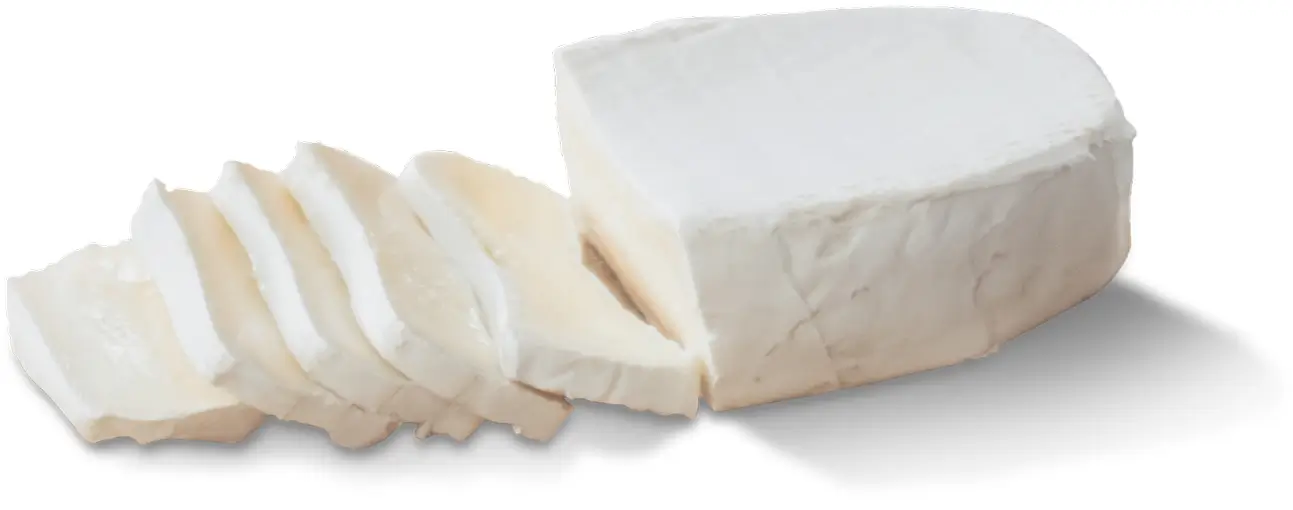 A block of fresh mozzarella cheese with several slices cut and arranged beside it on a white background.