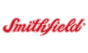 Smithfield logo in red cursive script with white outline and shadow effect